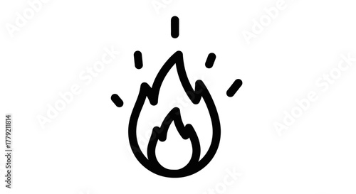 A simple black line art icon of a burning fire flame with sparks on a white background.