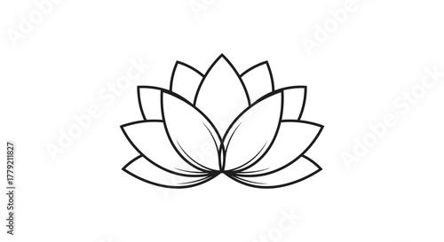 A simple, elegant black and white line drawing of a lotus flower with multiple layers of petals.