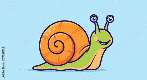 Cartoon illustration of a smiling snail with a bright orange shell against a light blue background.