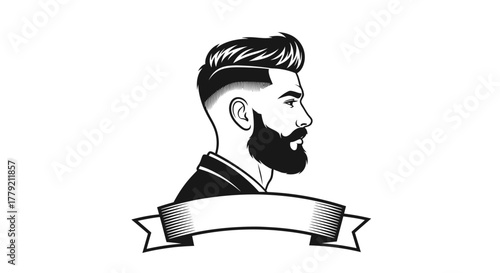 Monochrome illustration of a man with a beard and stylish haircut, with a blank banner below.