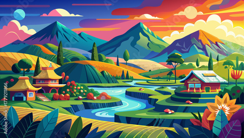 Very beautiful vibrant landscapes showcasing the diverse and colorful natural scenery of Taiwan, with mountains, coastlines, rice fields, and cultural elements in a realistic and vivid atmosphere.