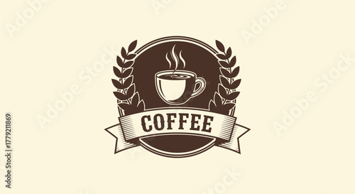 Vintage coffee shop logo with a steaming cup and laurel wreath emblem on a light background.