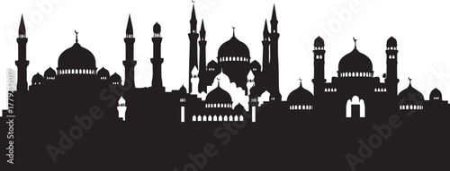 Islamic mosque skyline silhouette with domes and minarets in black.
