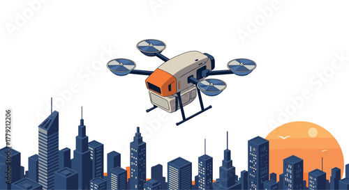 Drone delivery above city skyline at sunset with modern skyscrapers and orange sky