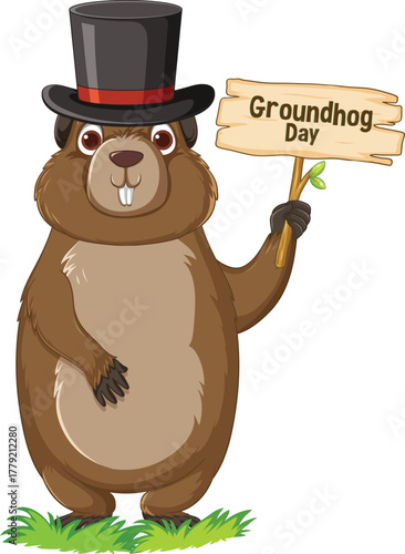 A cute groundhog cartoon with a Groundhog Day banner