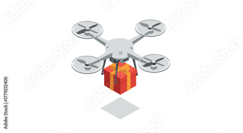 Isometric drone delivering gift box with camera