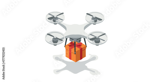 Isometric drone delivering parcel with red ribbon in flight