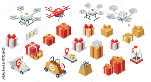 Isometric delivery drones and gift box collection for online shopping and logistics