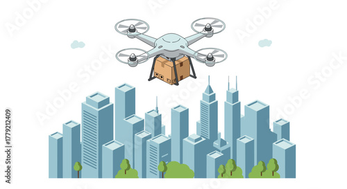 Drone delivery above modern cityscape with skyscrapers and clouds