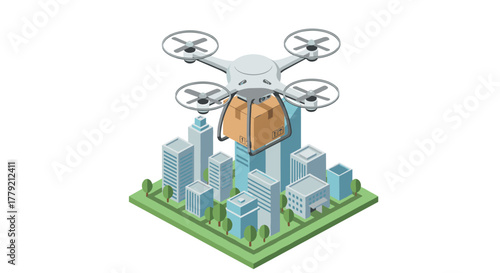 Quad drone delivering package to city buildings in isometric style