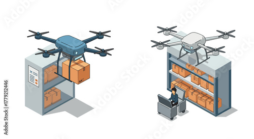 Drone delivery concept with warehouse automation in isometric design
