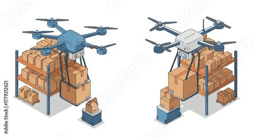 Isometric drones organizing warehouse packages on shelves