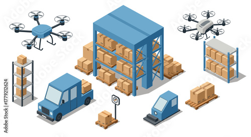 Modern isometric warehouse automation with drones and delivery vehicles