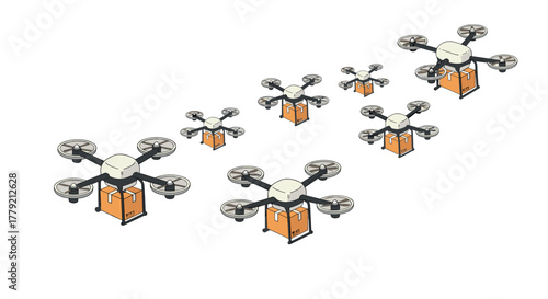 Drone delivery fleet in flight isometric illustration of modern parcel transport