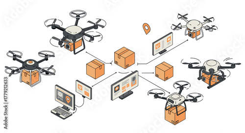 Isometric drone delivery network with digital interfaces and logistics boxes