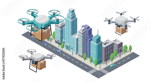 Drone delivery in urban cityscape with modern buildings and streets