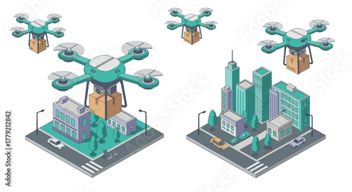 Urban drone delivery in modern isometric cityscape