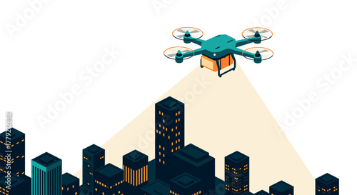 Isometric drone flying over city with illuminated buildings at night