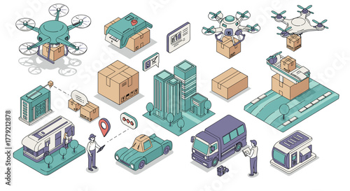 Autonomous delivery systems isometric design featuring drones and smart vehicles in a futuristic urban landscape