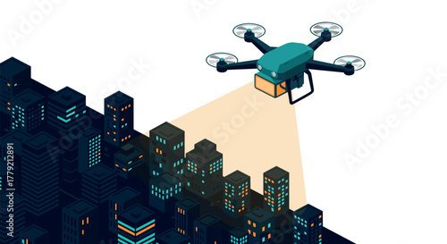 Drone illuminating cityscape at night with spotlight in isometric style