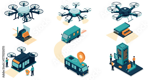 Futuristic drone and delivery vehicles in isometric style
