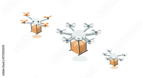 Drone delivery service in isometric style with package carrying multirotor drones