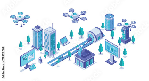 Futuristic urban cityscape with smart buildings and drones in isometric design