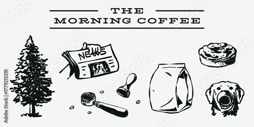 Illustration element set for morning coffee activity concept, include newspaper, breeze fir tree, big bag of coffee bean, dog treats, and bakery snack, Hand drawn design style set