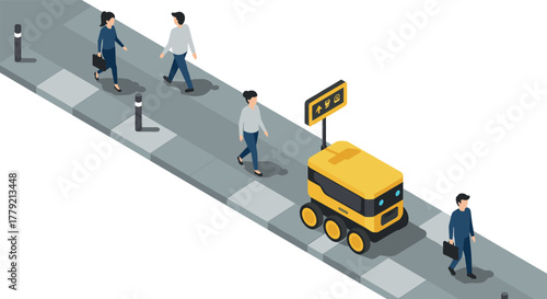 Autonomous delivery robot navigating urban sidewalk with pedestrians isometric design
