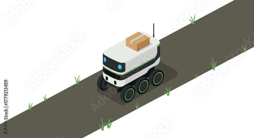 Autonomous delivery robot on pathway with box in isometric style