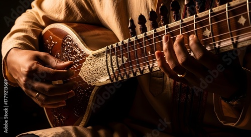 Indian musician playing sitar, close-up of hands, warm dramatic lighting