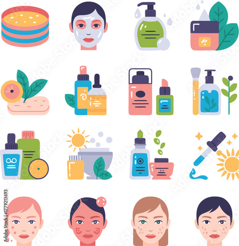 Skincare Routine and Beauty Products Vector Icon Set
