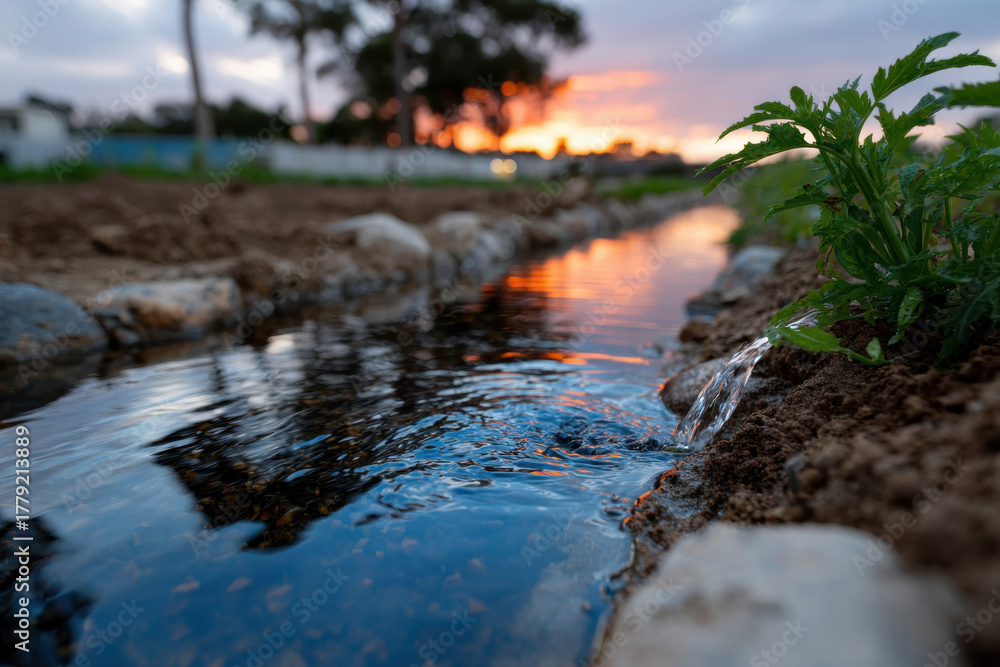 Obraz premium A tranquil stream gently flows through an open field, reflecting the colorful sky at sunset, embodying serenity and the beauty of nature in a harmonious landscape.