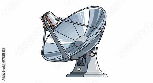 Illustration of a large satellite dish antenna on a stand with a white background and a metallic grey color scheme.
