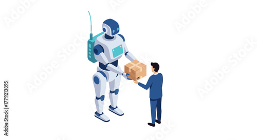 Futuristic robot delivering package to human in isometric style