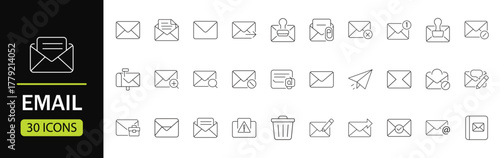 Email line Icon Set. Collection of E-mail and letter linear icons, including mail, envelope, email, postal, letter sent, inbox, new mail, reply and forward mail for digital communication.