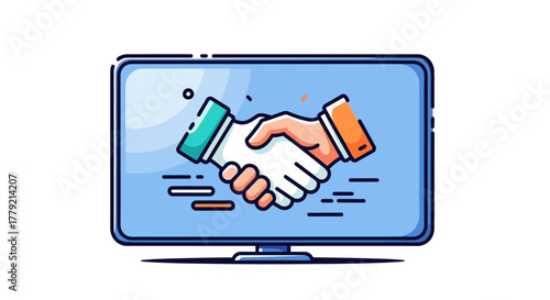 Flat illustration of a handshake on a computer monitor with a blue screen and orange and green accents on a white background.
