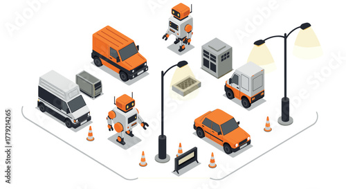 Futuristic isometric city scene with robots and vehicles in urban setting