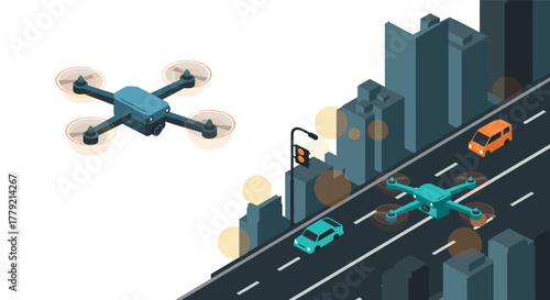 Futuristic cityscape with drones and vehicles in isometric style