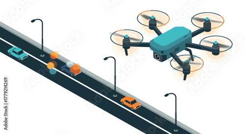 Futuristic isometric drone over city street with cars and streetlights