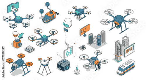 Isometric futuristic drone technology with urban landscape elements
