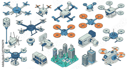 Isometric drones and technology urban aerial innovations with camera devices and cityscape