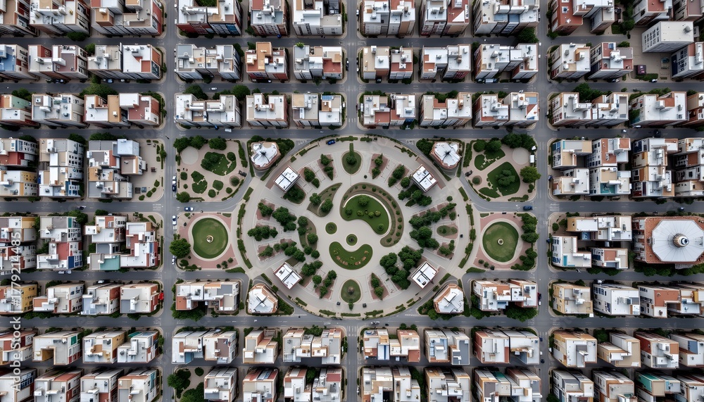 Obraz premium Aerial View of a Neatly Designed Urban Neighborhood with Circular Park Surrounded by Houses