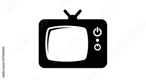 A black and white illustration of a vintage television with antennae and buttons on a plain white background in a minimalist style.