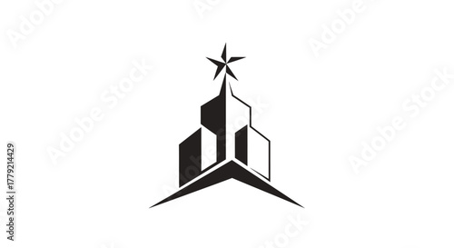 A stylized black and white logo featuring a modern building silhouette topped with a star.