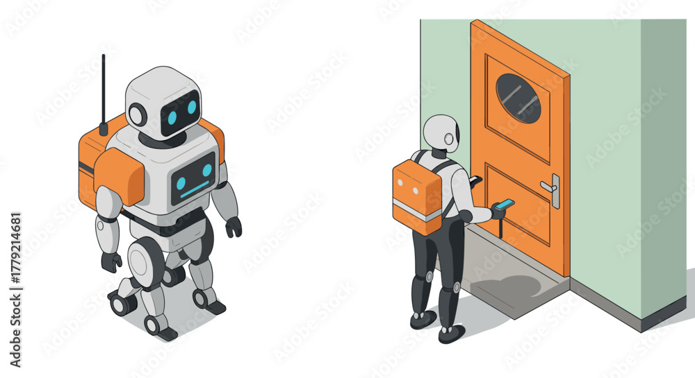 Fototapeta premium Robot with backpack using smartphone at door in isometric style