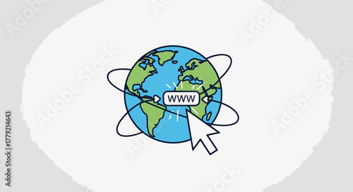 Illustration of a cursor clicking on a globe with a WWW address bar, symbolizing internet access and global connectivity.