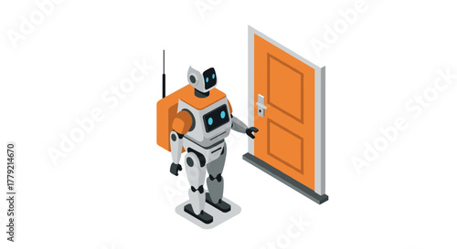 Friendly robot approaching closed door in isometric digital art style