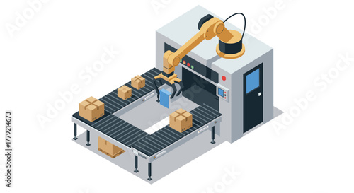 Isometric automated robotic arm sorting boxes on conveyor belt in modern factory setting
