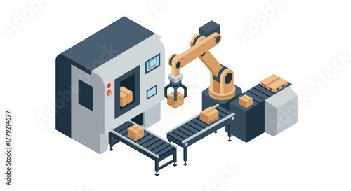 Isometric industrial automation factory with robotic arm and conveyor belt
